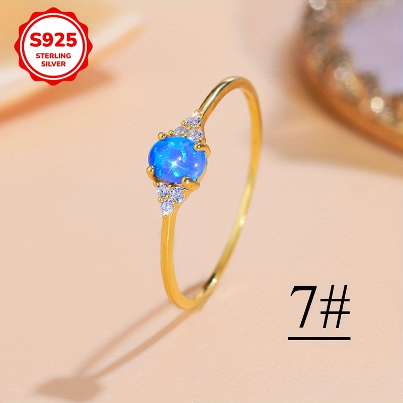 Women's 925 Sterling Silver Golden Plated Retro Style Round Opal Engagement Ring